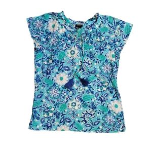 Talbots Tropical Floral Ruffle Trim Shell w Tassels